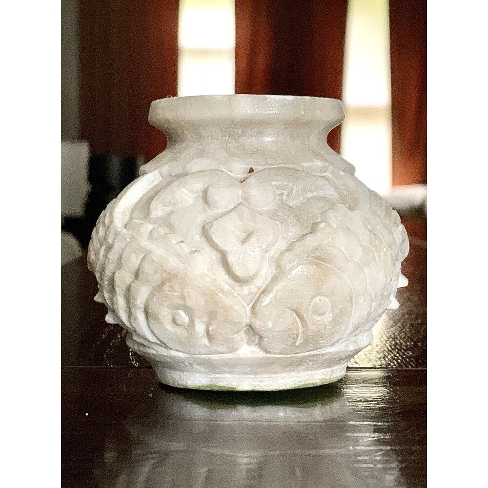 Vintage Soapstone Double Koi Fish Relief Vase Sculpture Chinoiserie MCM